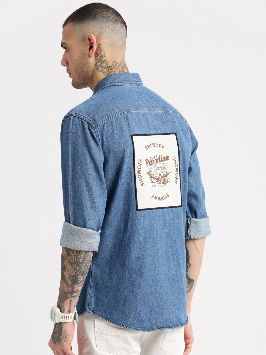 Men Spread Collar Denim Solid Blue Casual Shirt