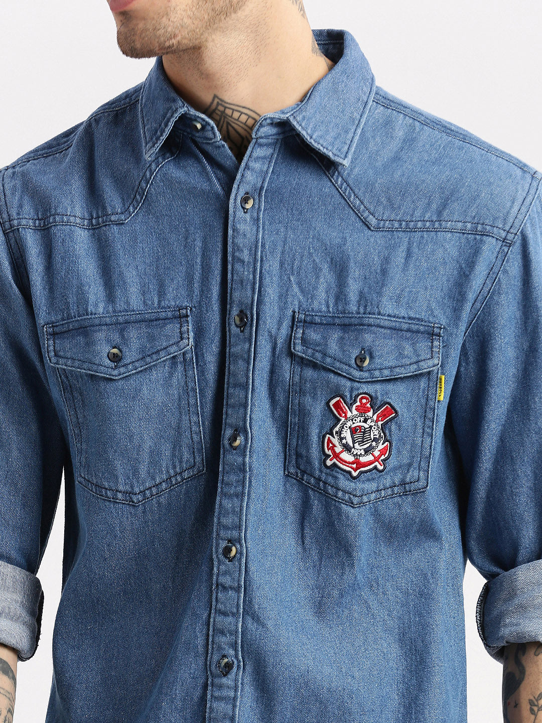 Men Spread Collar Denim Solid Blue Casual Shirt