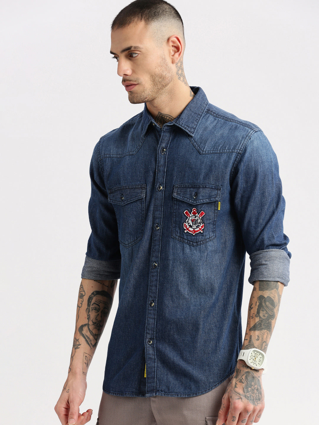 Men Spread Collar Denim Solid Navy Blue Casual Shirt