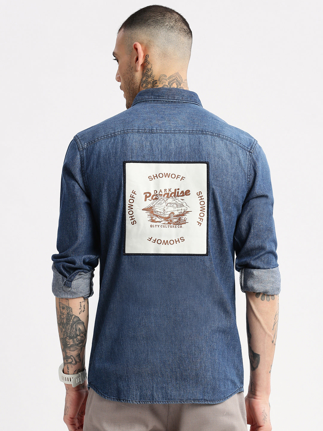 Men Spread Collar Denim Solid Navy Blue Casual Shirt