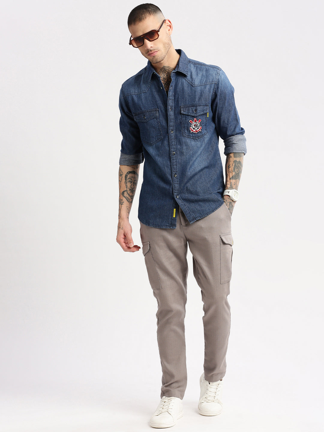 Men Spread Collar Denim Solid Navy Blue Casual Shirt