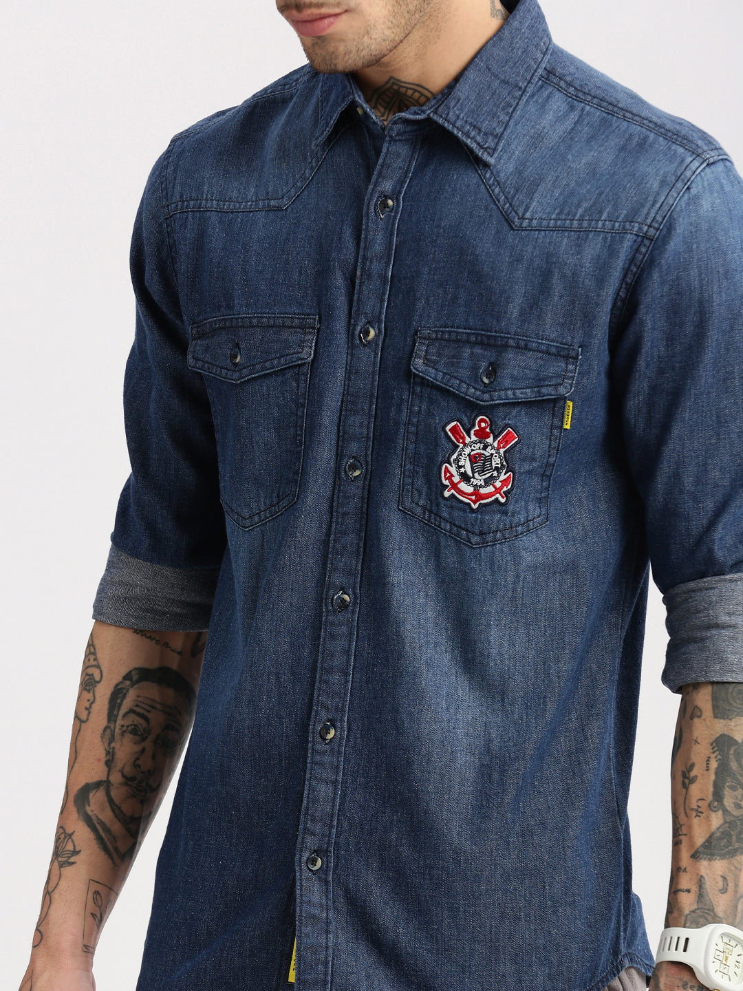 Men Spread Collar Denim Solid Navy Blue Casual Shirt