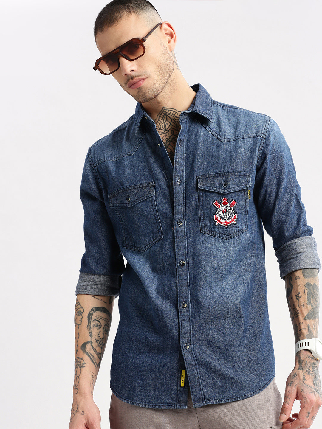 Men Spread Collar Denim Solid Navy Blue Casual Shirt