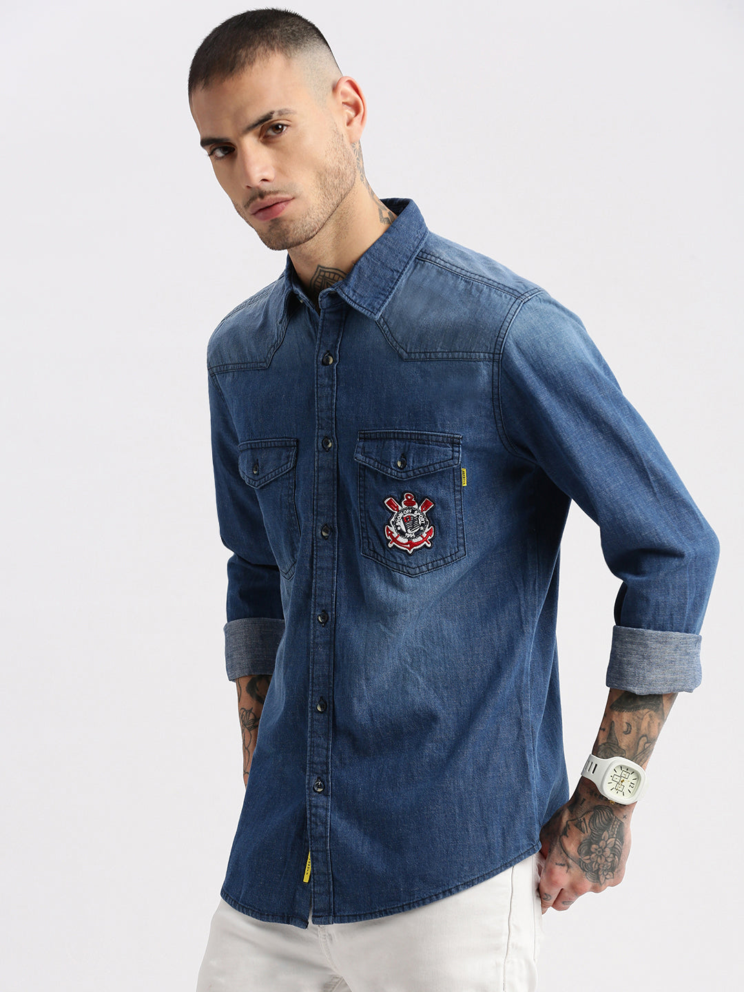 Men Spread Collar Denim Solid Blue Casual Shirt