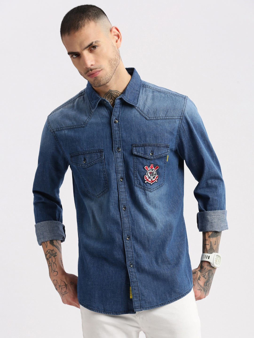 Men Spread Collar Denim Solid Blue Casual Shirt