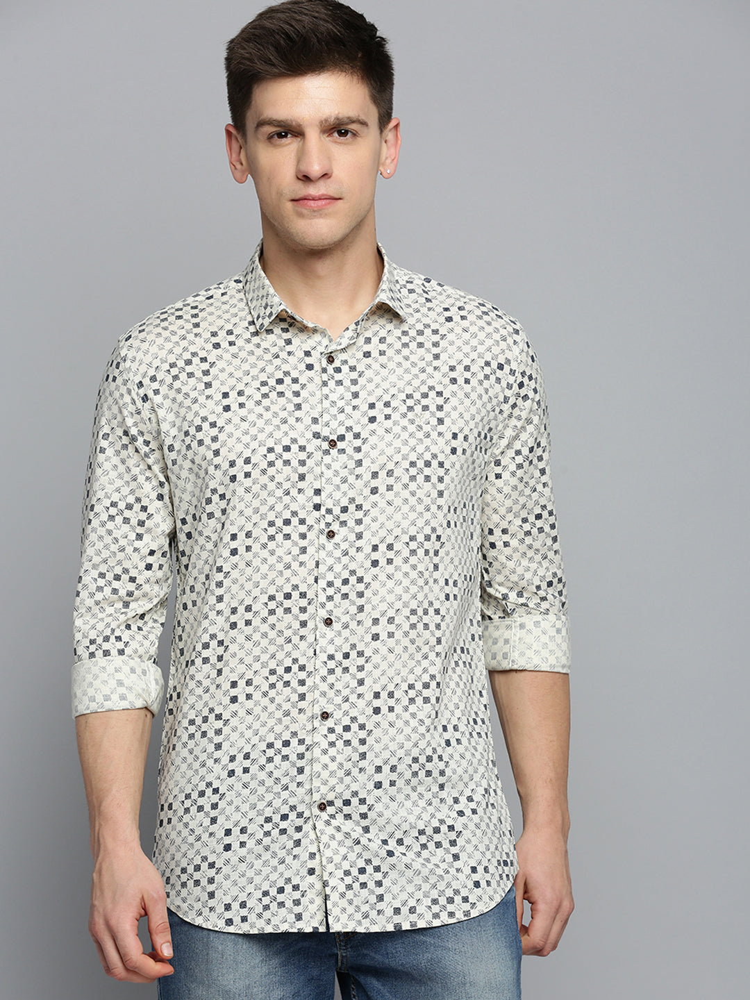 Men Cream Printed Casual Shirt