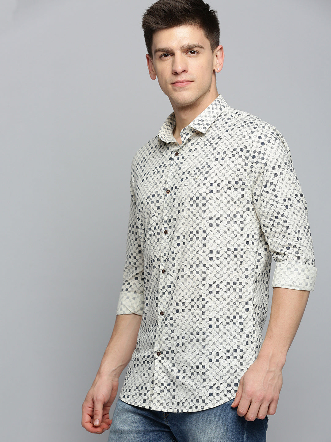 Men Cream Printed Casual Shirt