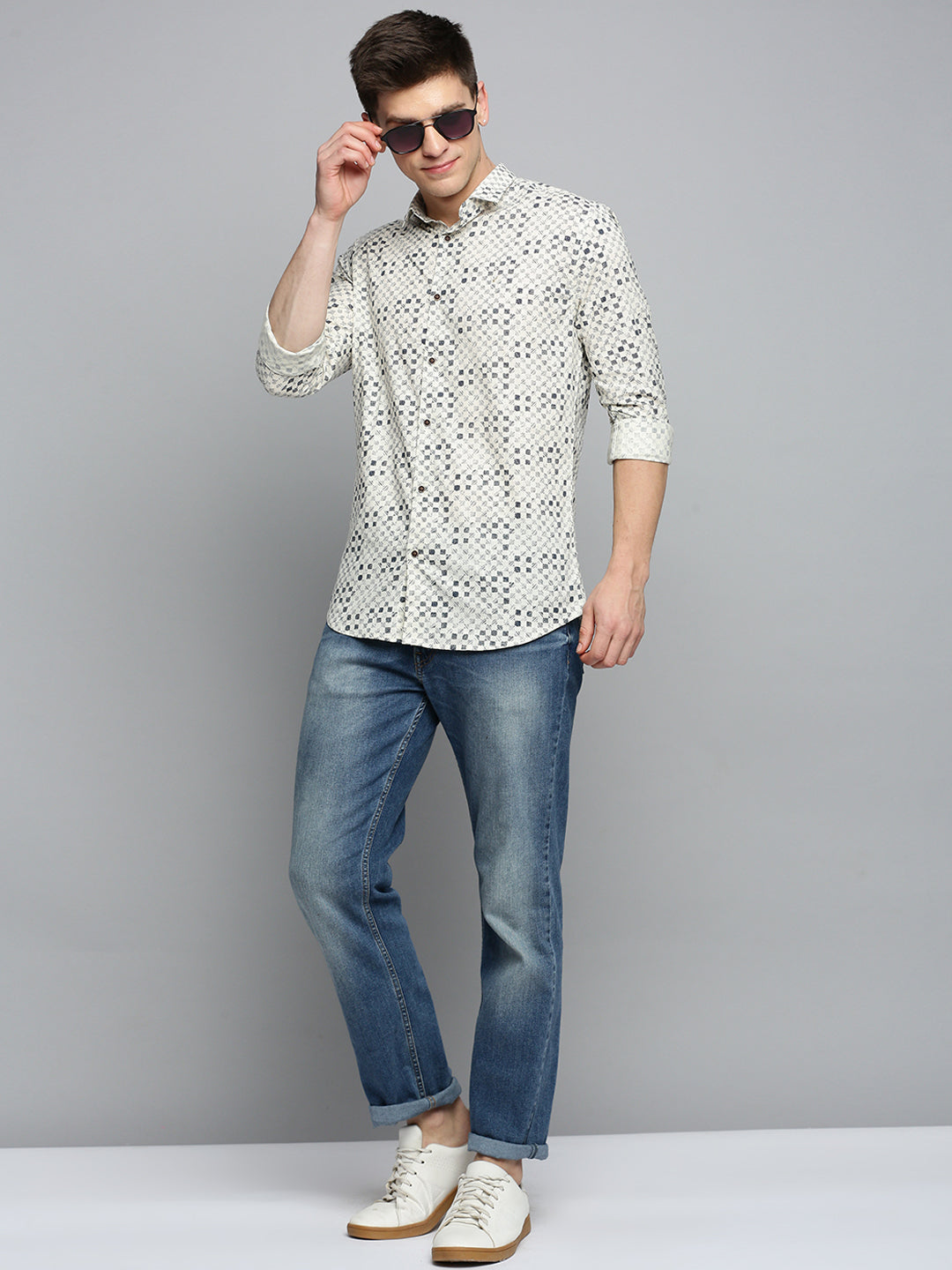 Men Cream Printed Casual Shirt