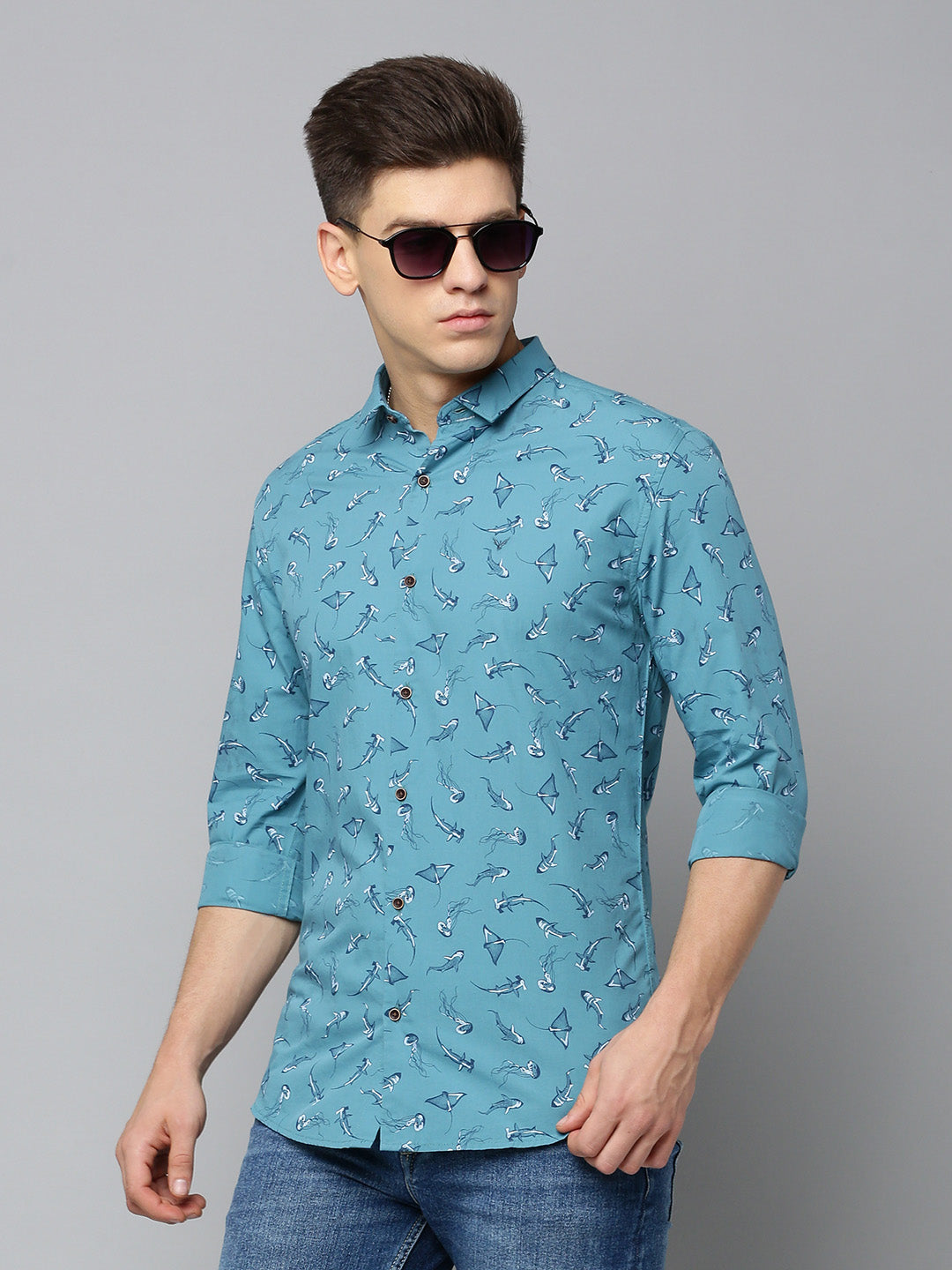 Men Blue Printed Casual Shirt