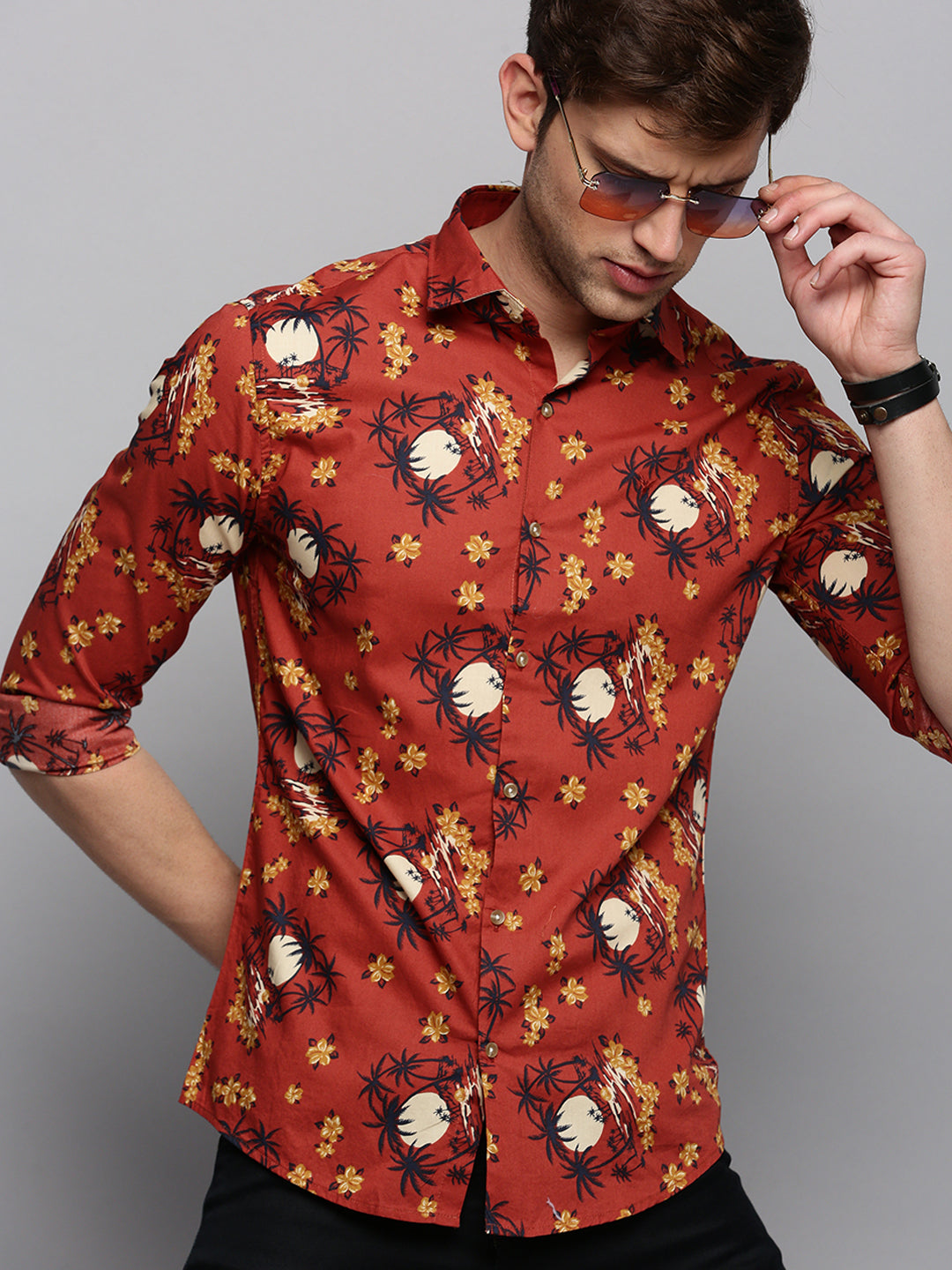 Men Rust Printed Casual Shirt