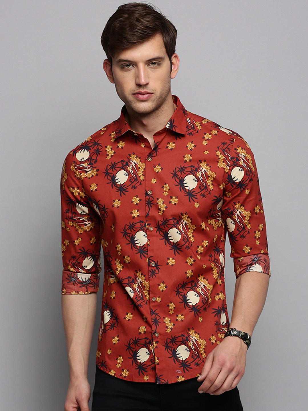 Men Rust Printed Casual Shirt