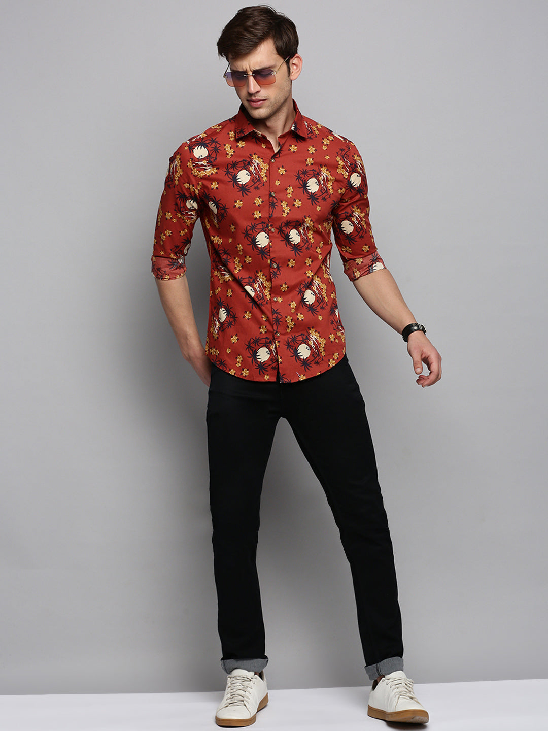 Men Rust Printed Casual Shirt