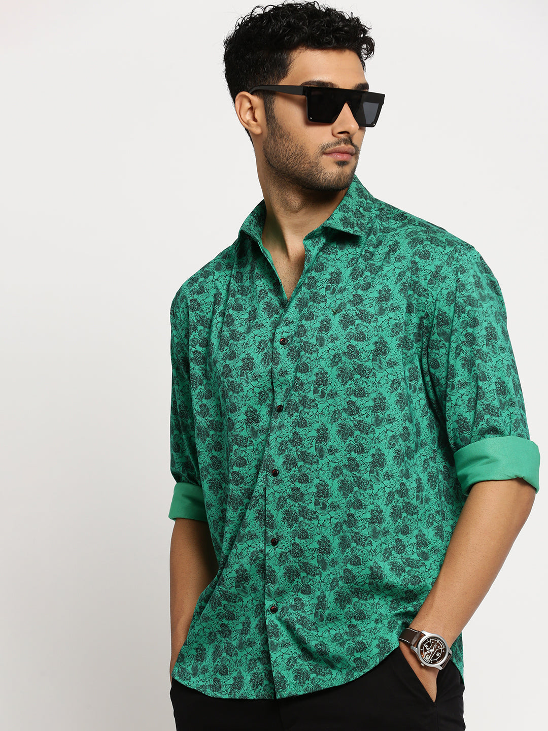 Men Green Spread Collar Floral Shirt