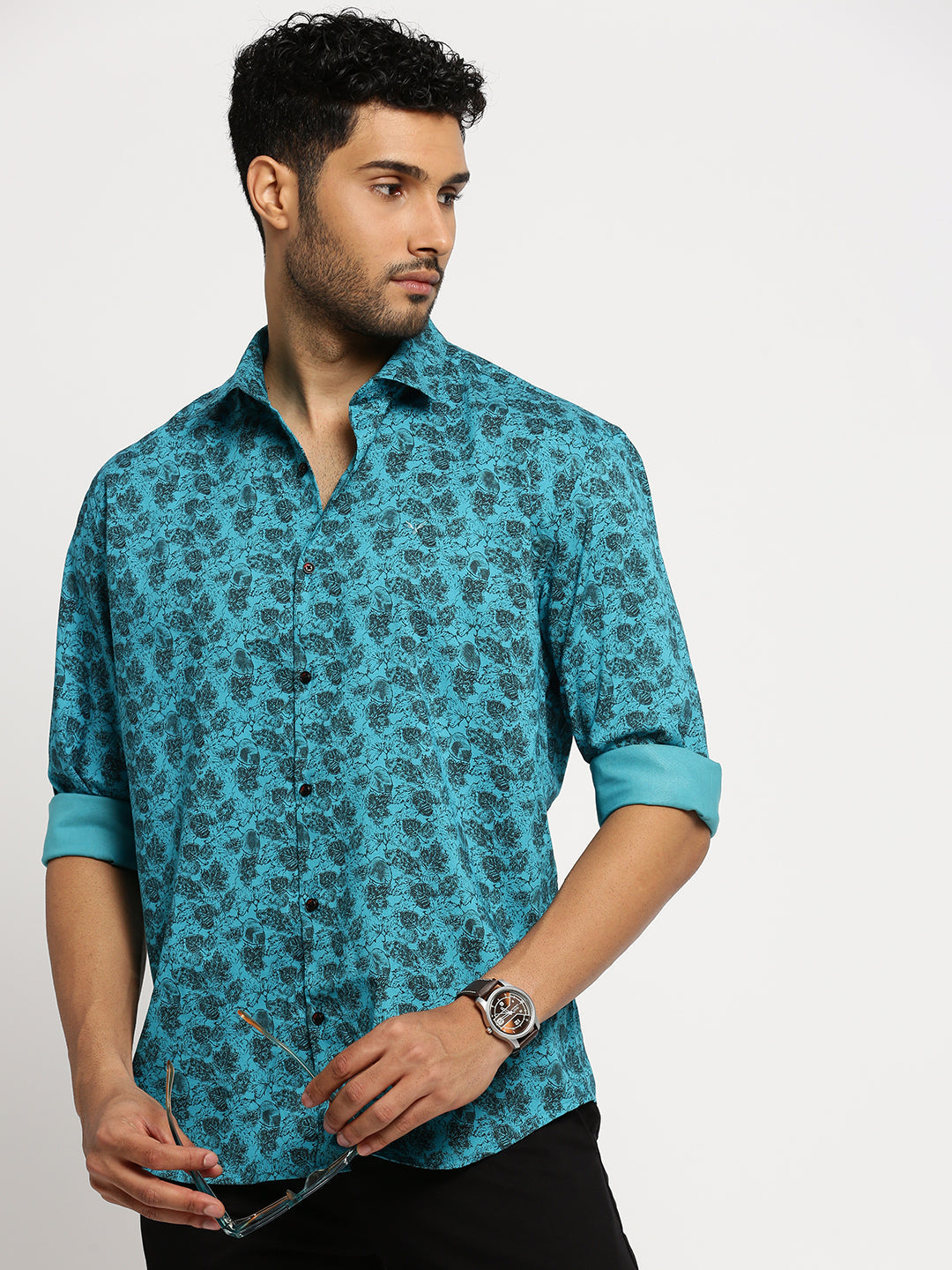 Men Blue Spread Collar Floral Shirt