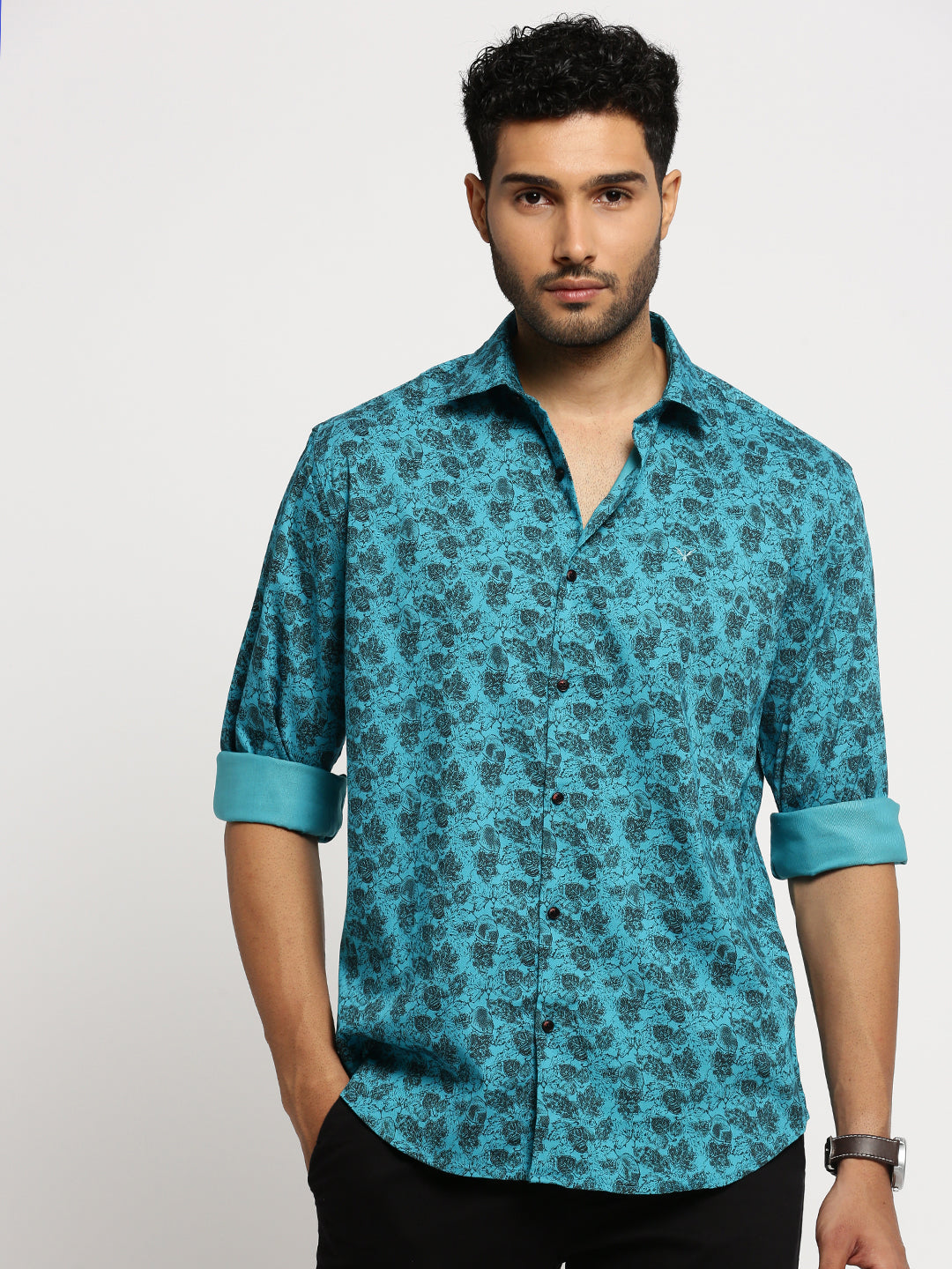 Men Blue Spread Collar Floral Shirt