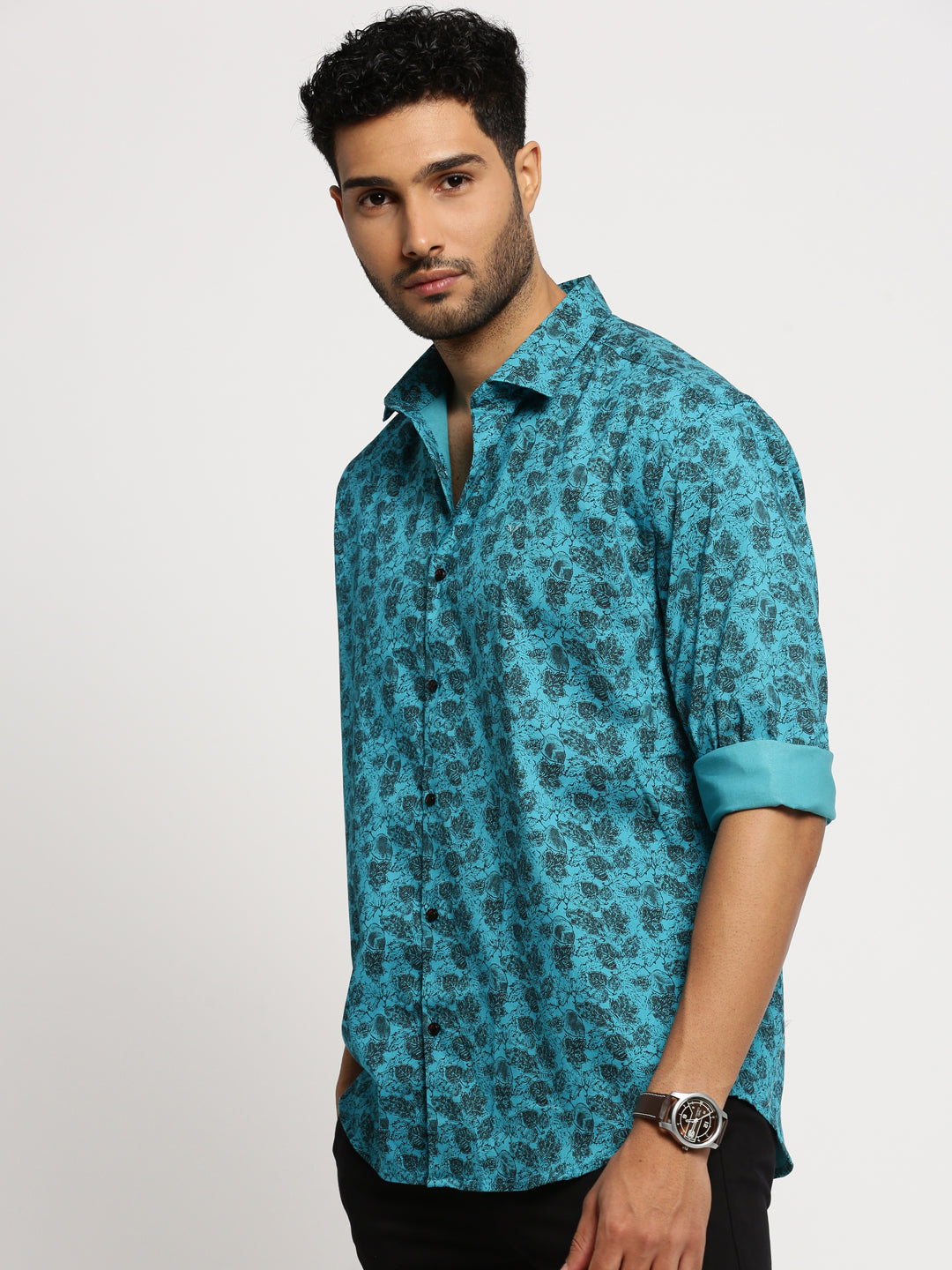 Men Blue Spread Collar Floral Shirt