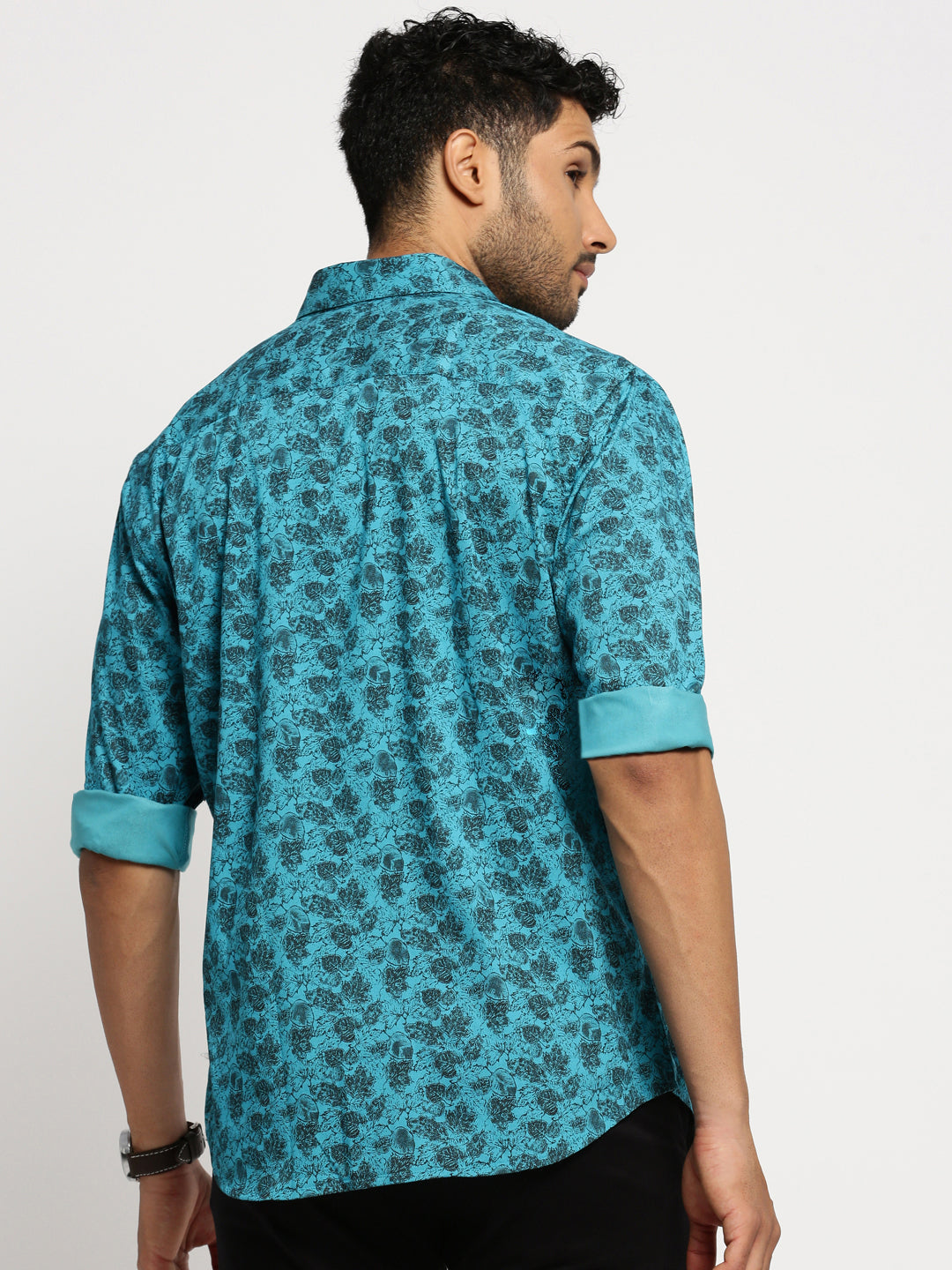 Men Blue Spread Collar Floral Shirt