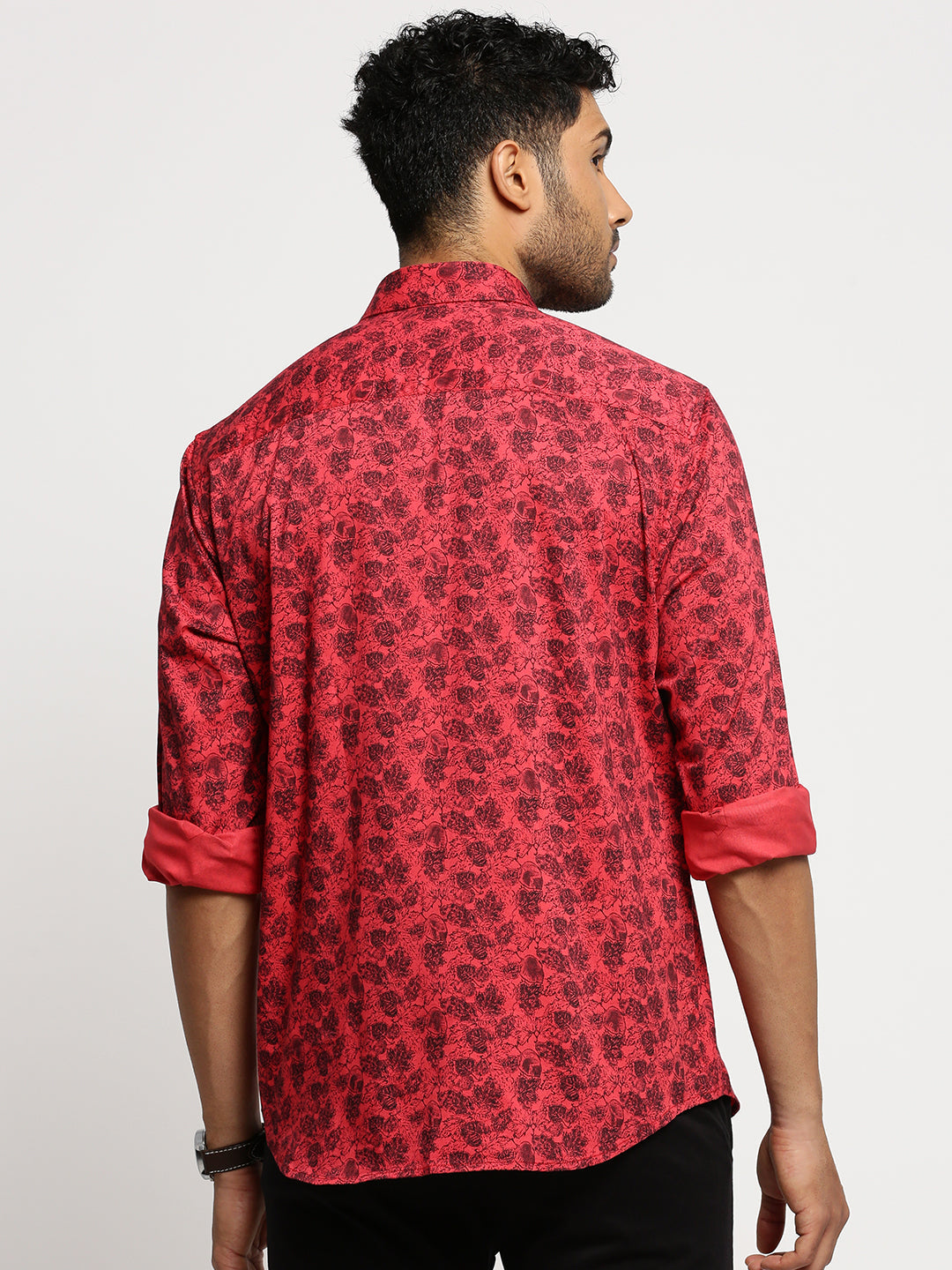 Men Red Spread Collar Floral Shirt