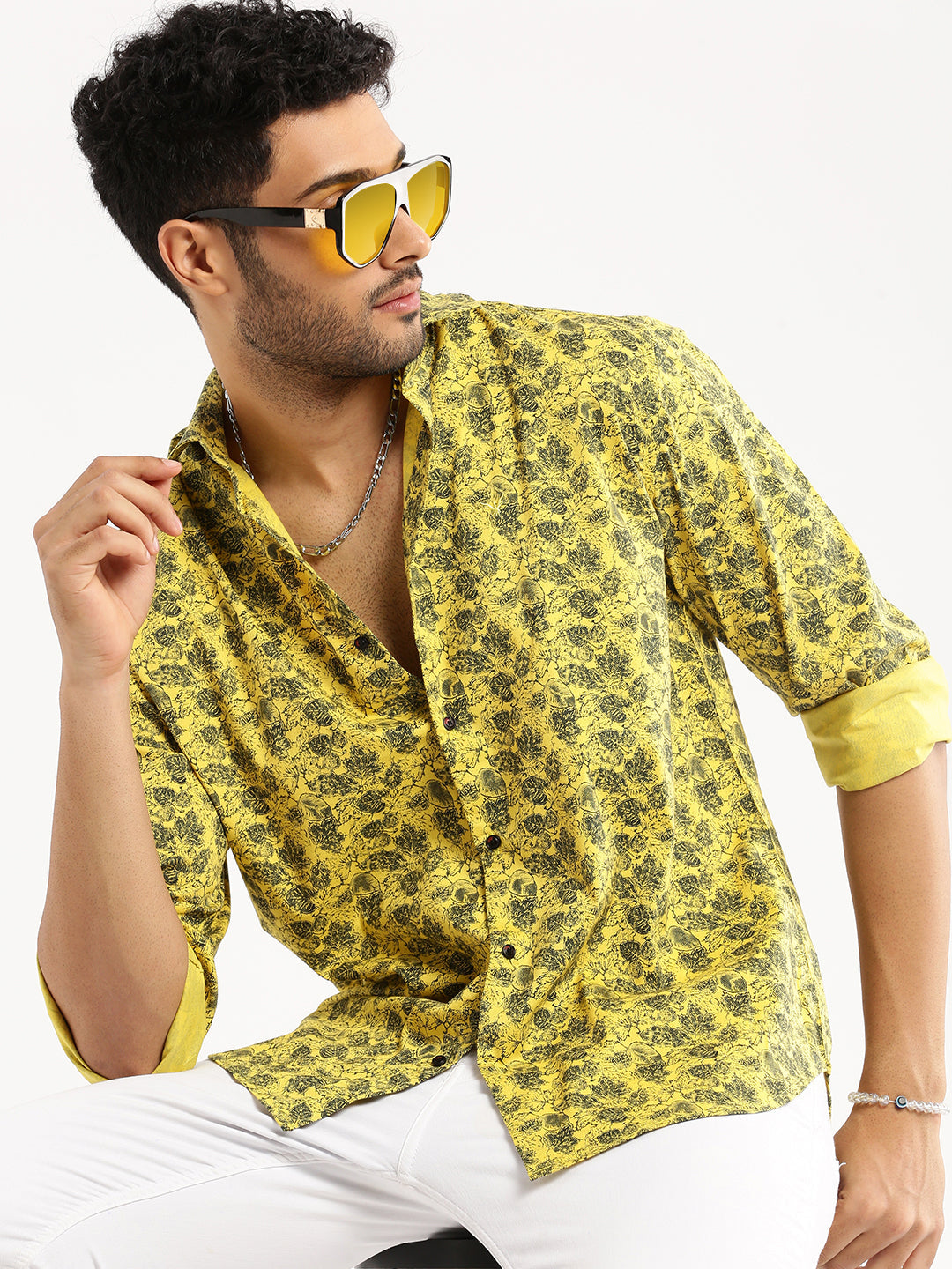 Men Yellow Spread Collar Floral Shirt