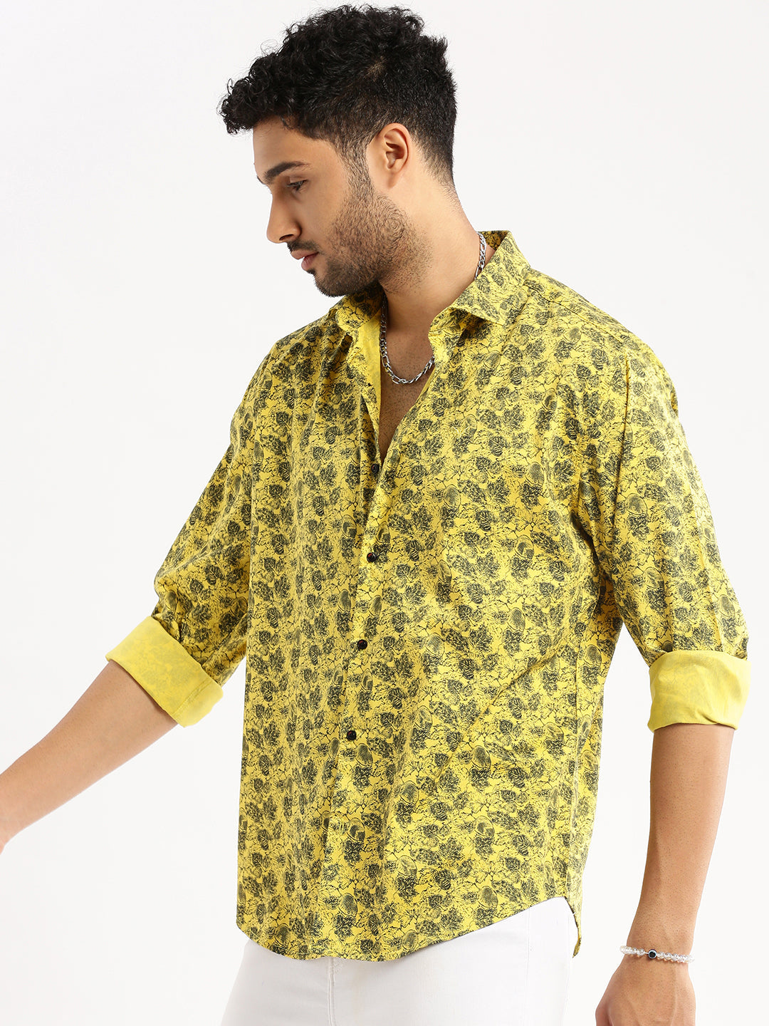 Men Yellow Spread Collar Floral Shirt