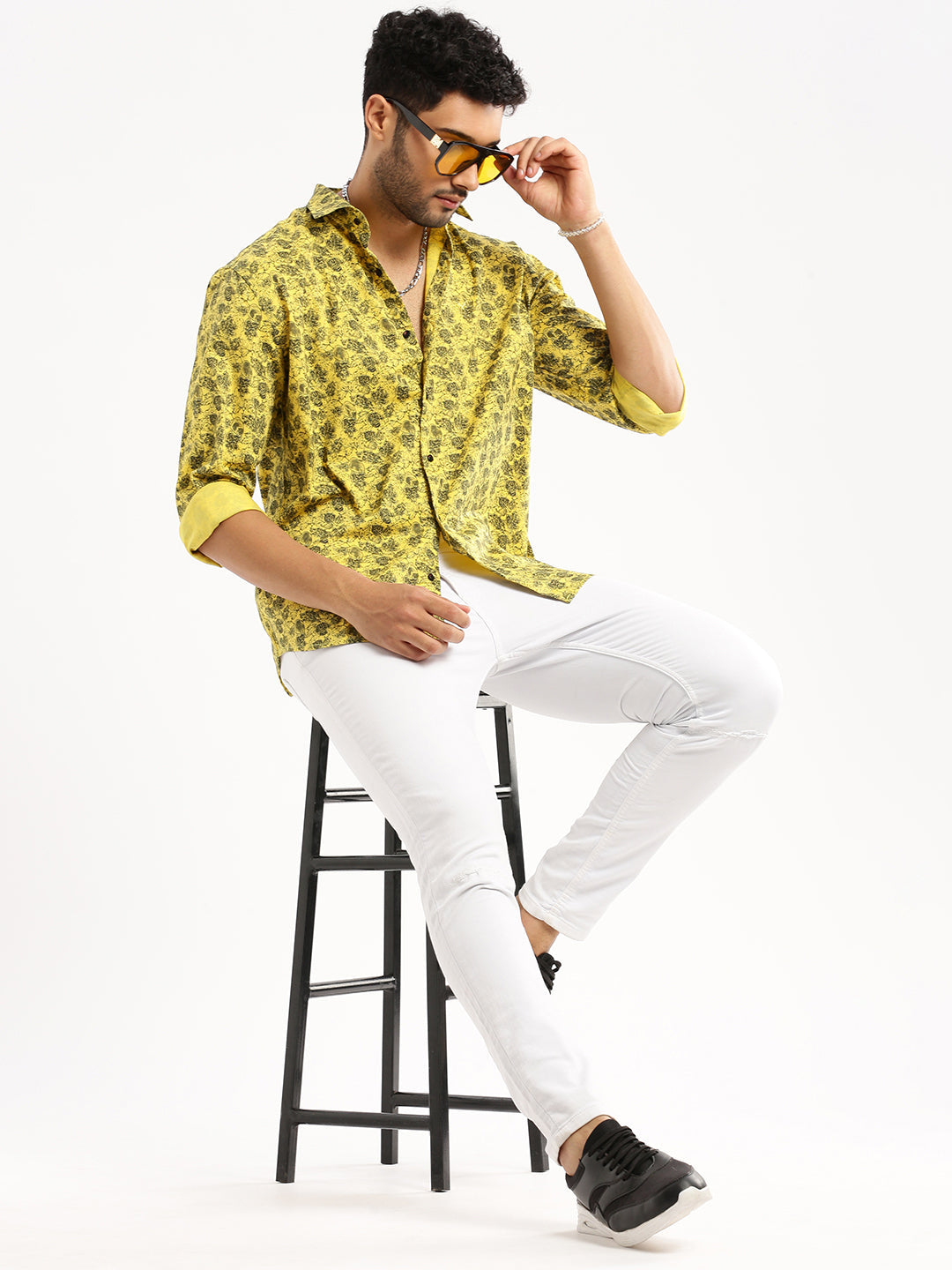 Men Yellow Spread Collar Floral Shirt