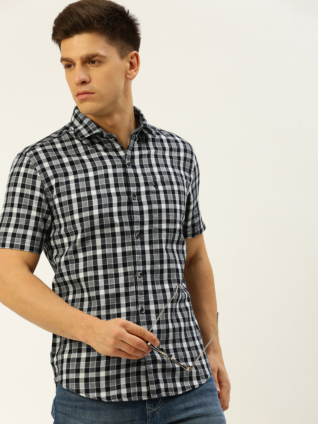 Men Navy Checked Casual Shirt