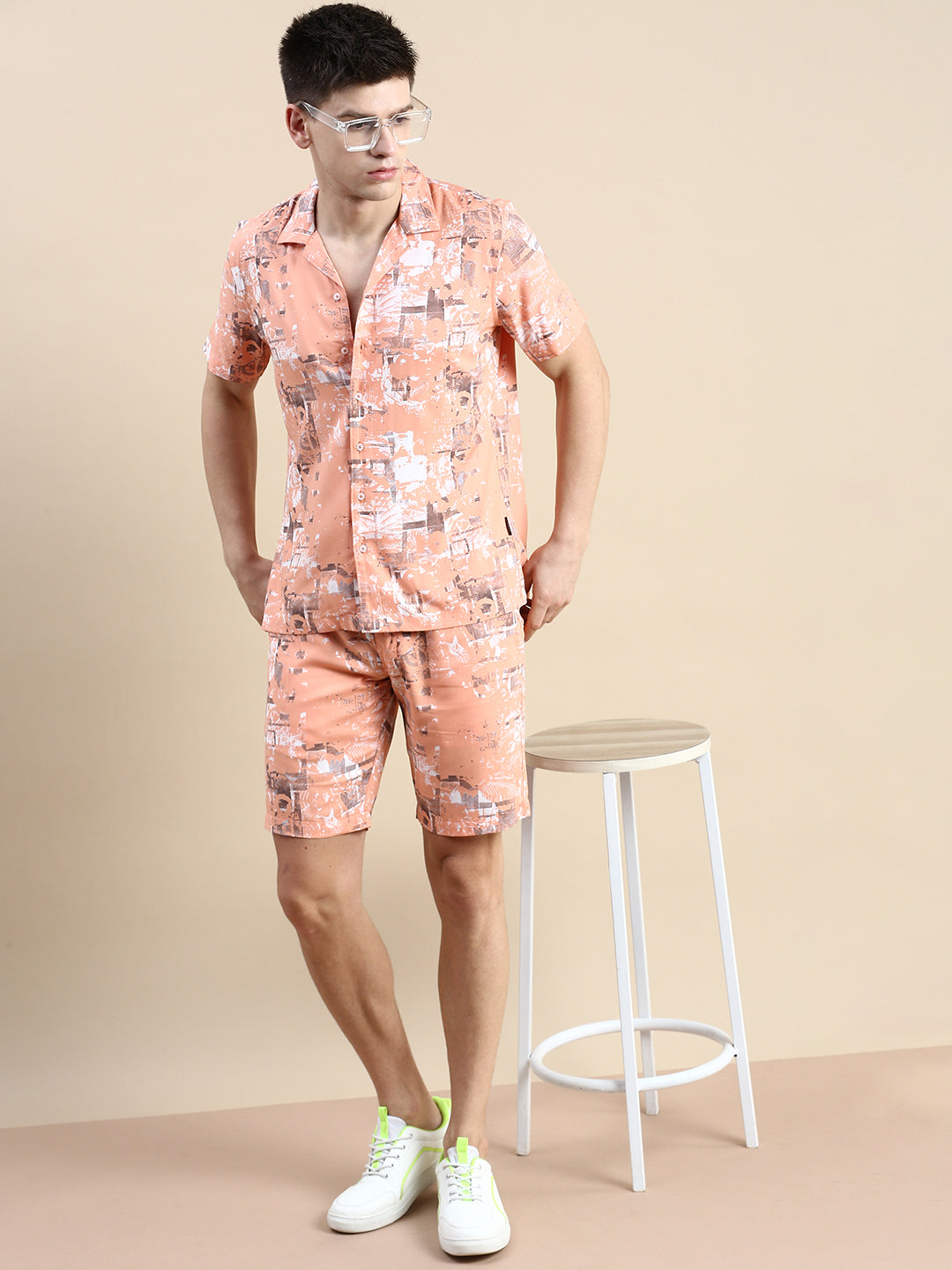 Men Peach Printed Casual Co ord Set