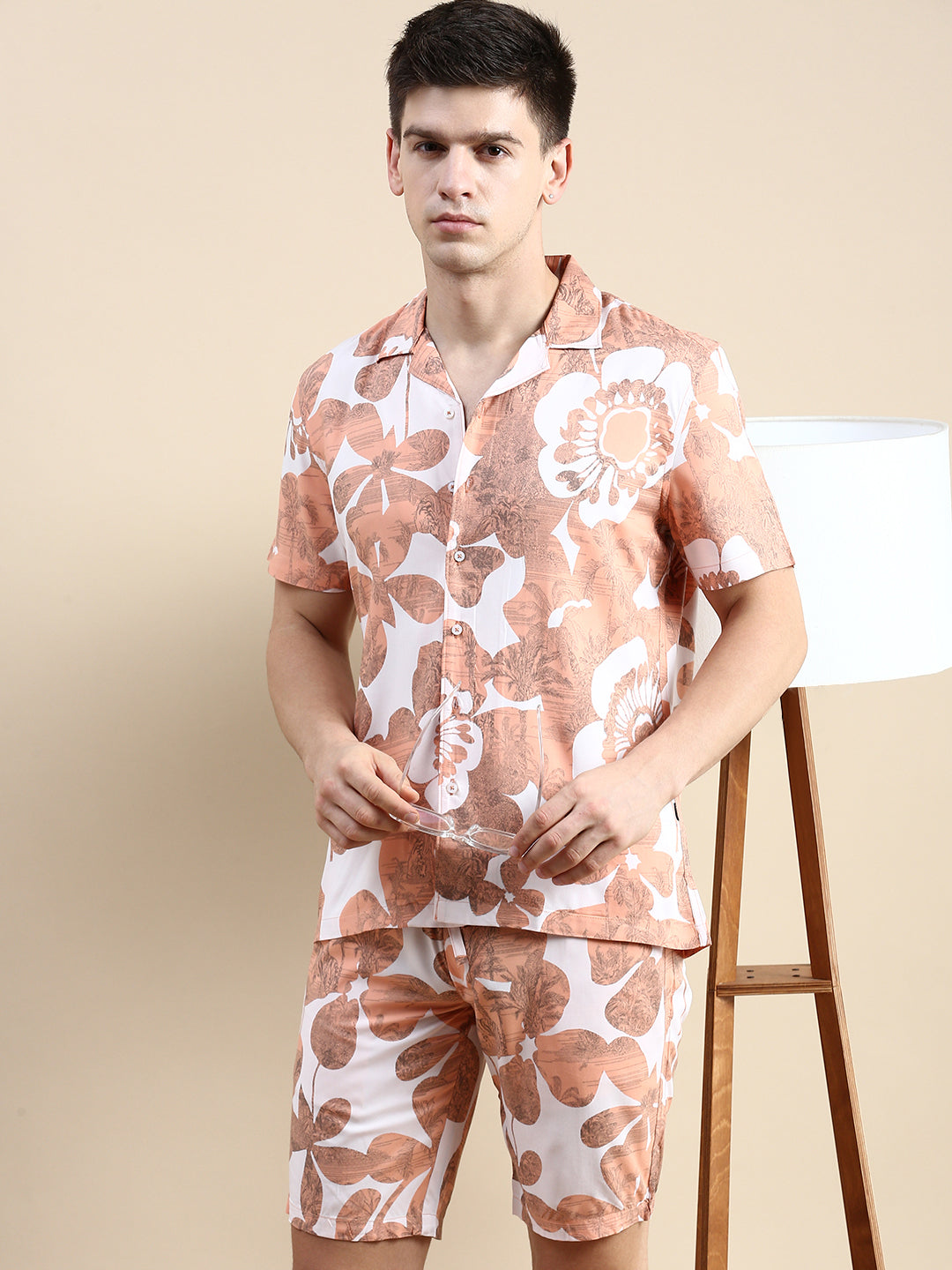 Men Peach Printed Casual Co ord Set