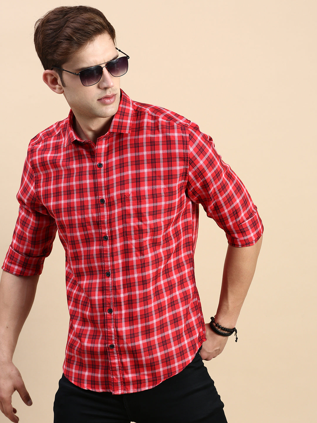 Men Red Checked Casual Shirt