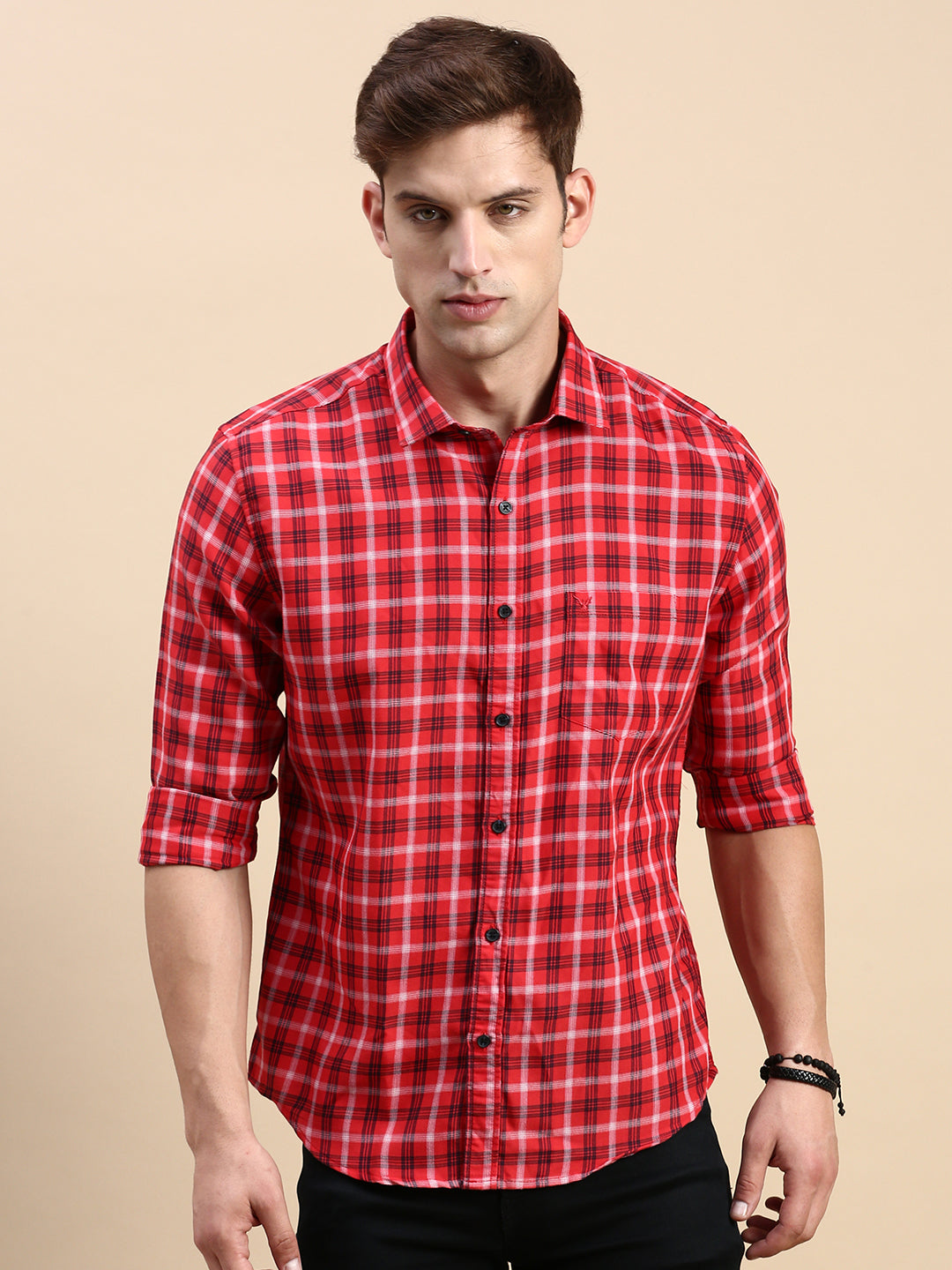 Men Red Checked Casual Shirt