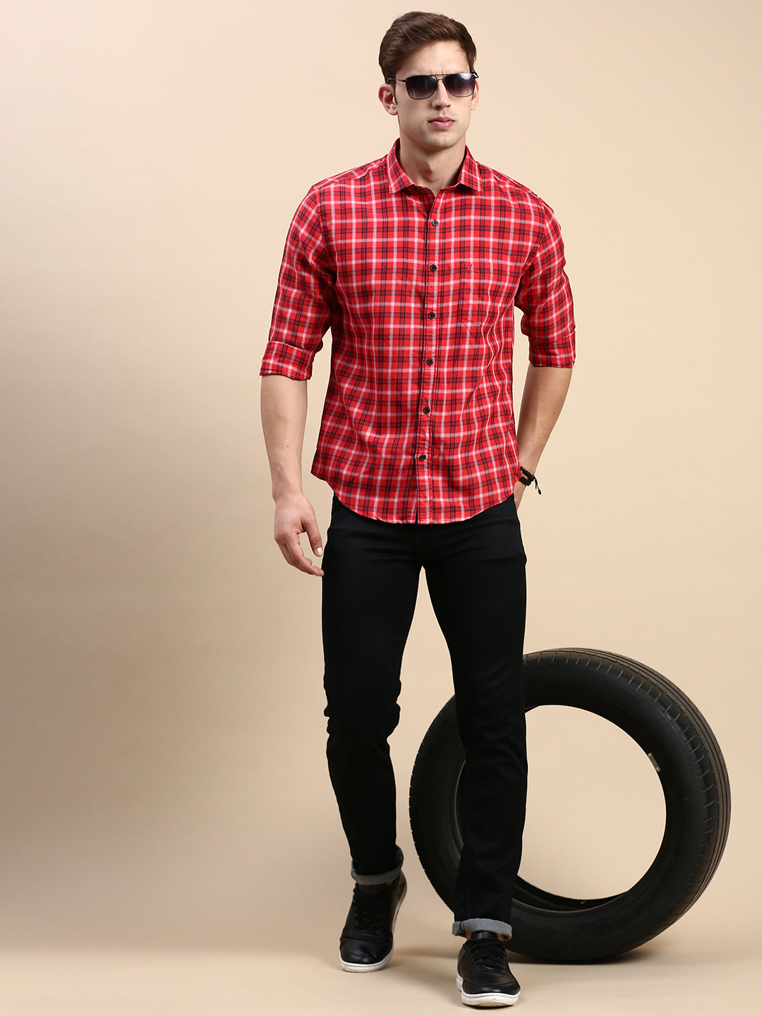 Men Red Checked Casual Shirt