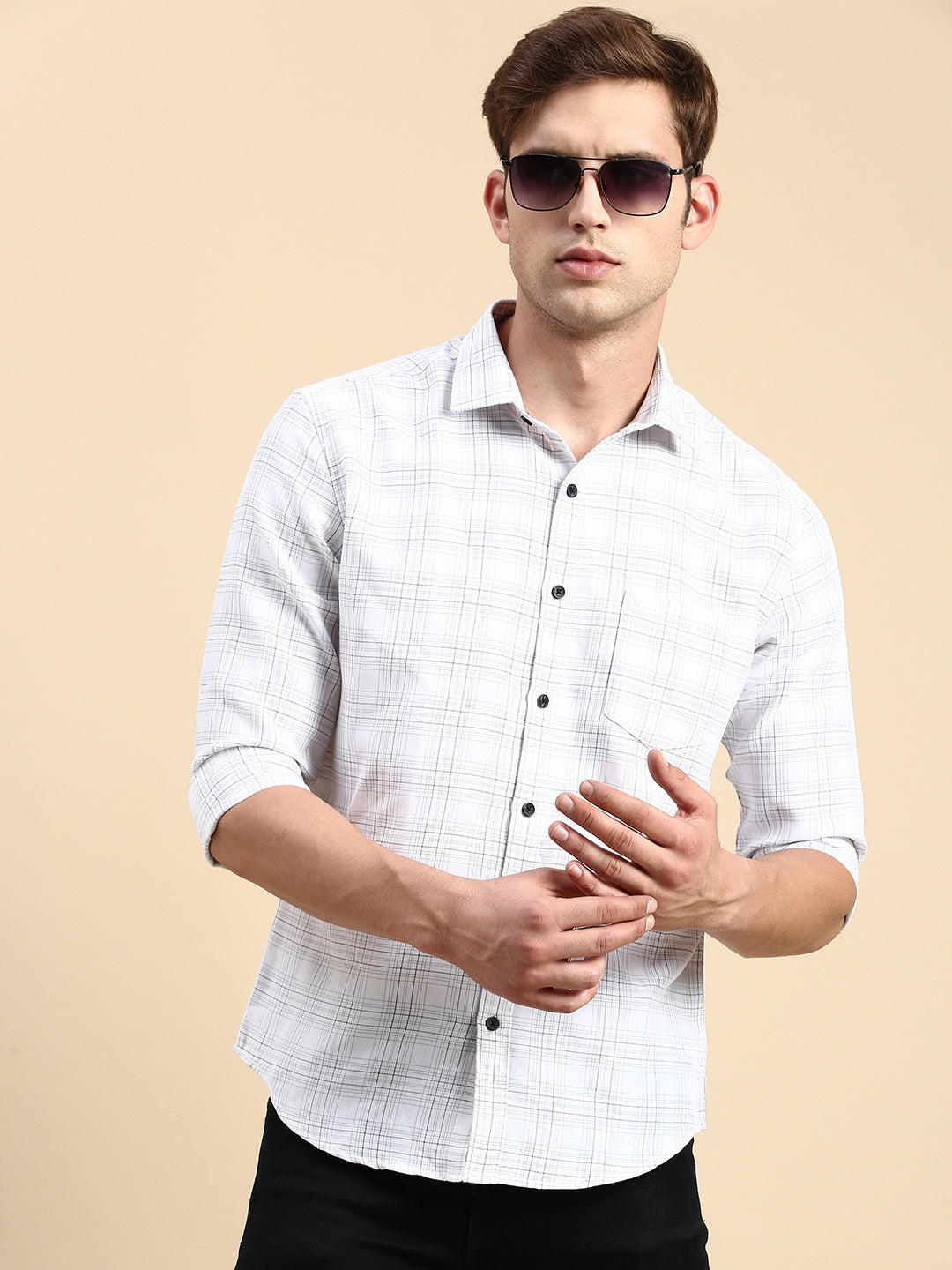 Men White Checked Casual Shirt