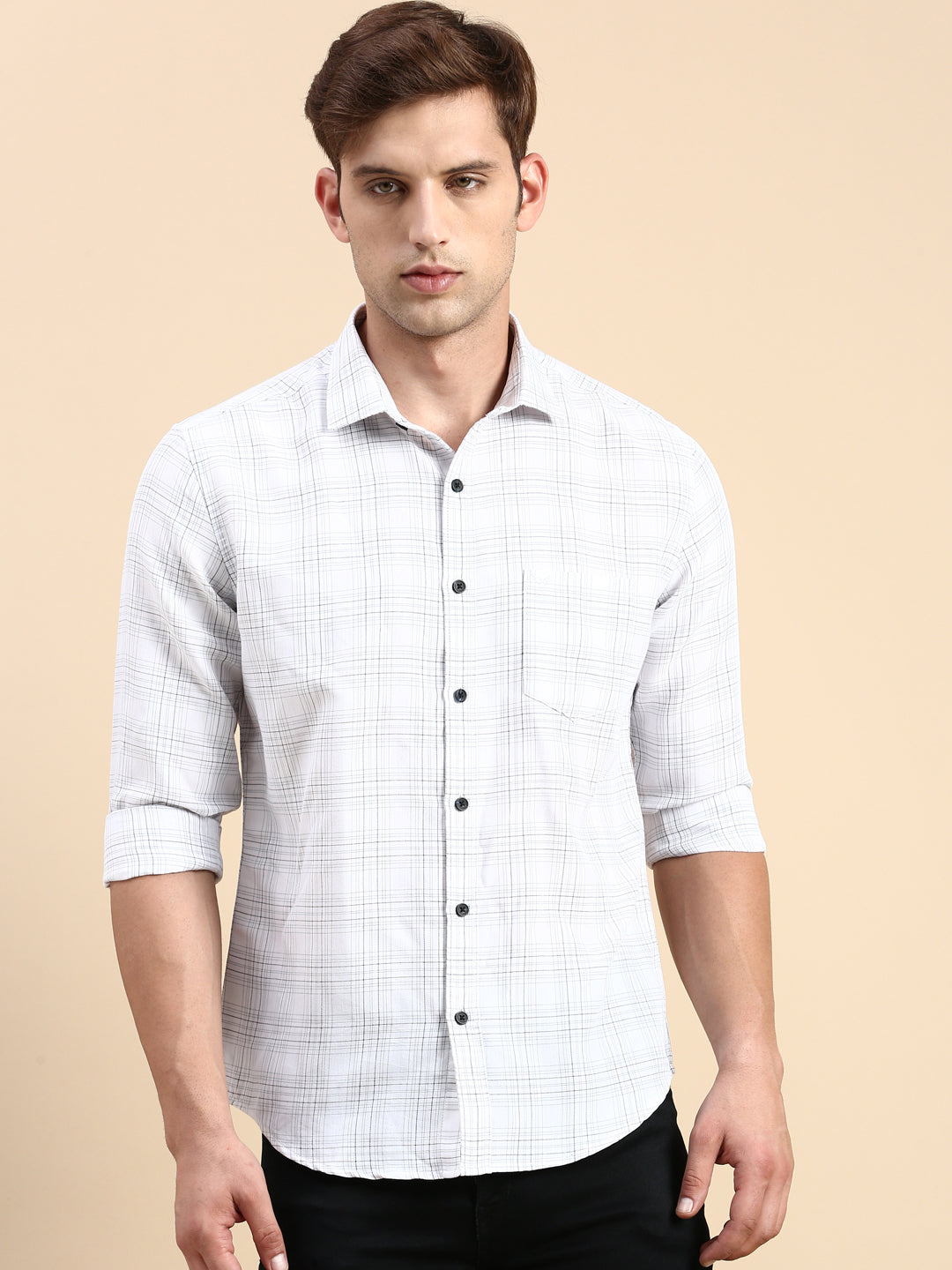 Men White Checked Casual Shirt