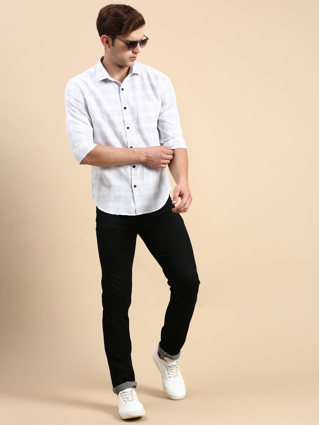 Men White Checked Casual Shirt