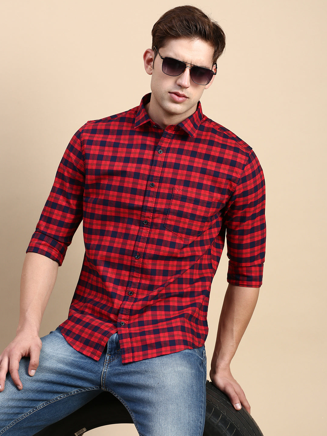 Men Red Checked Casual Shirt