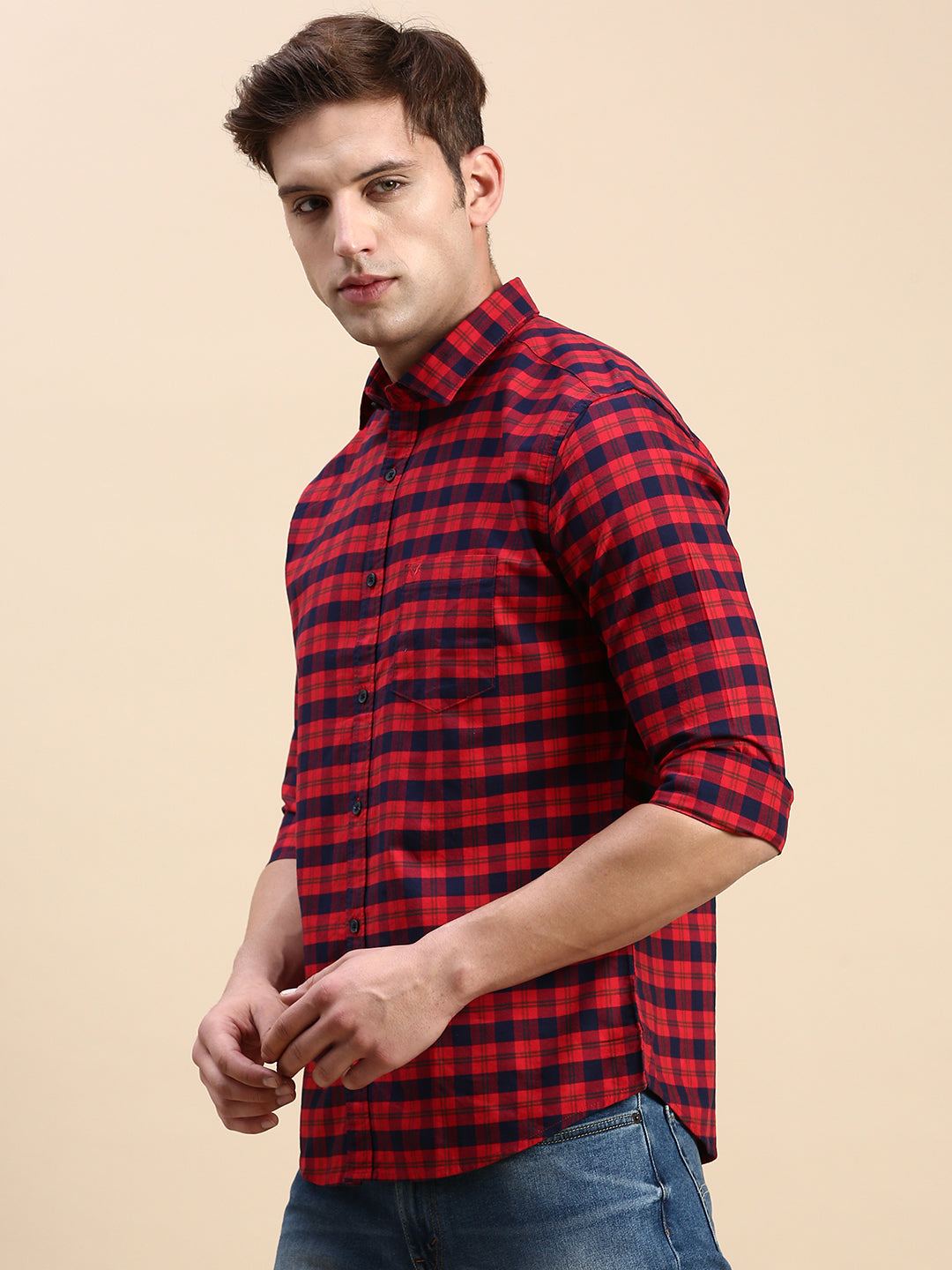 Men Red Checked Casual Shirt