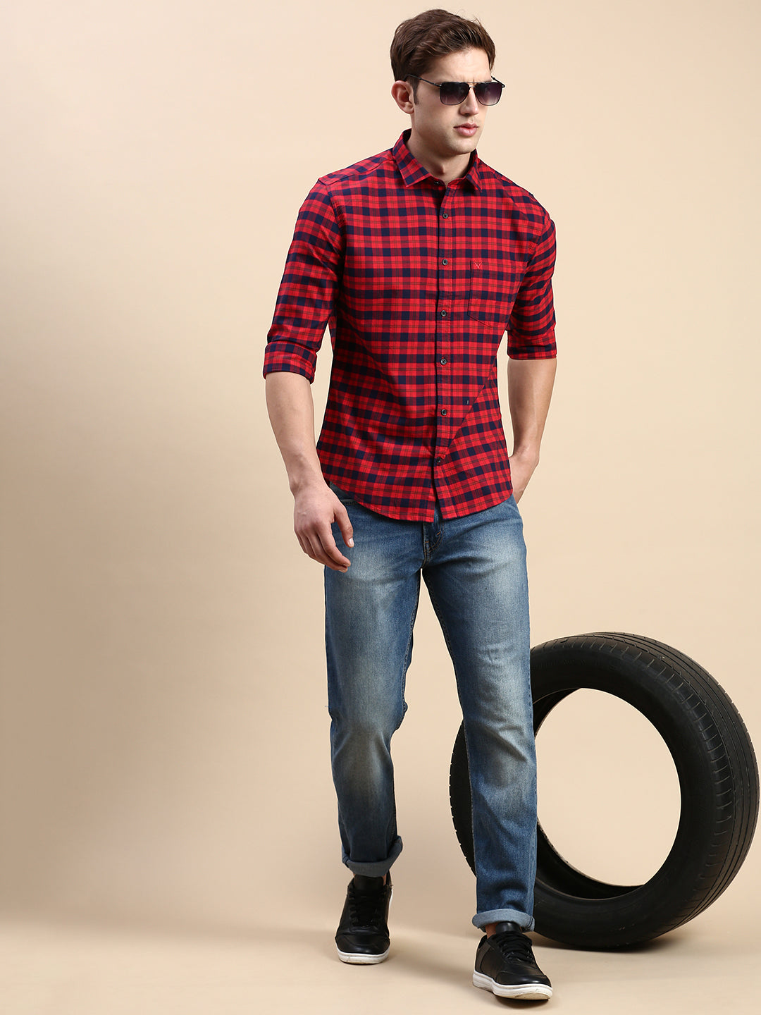 Men Red Checked Casual Shirt