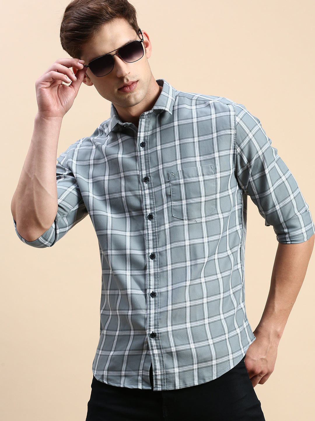 Men Green Checked Casual Shirt