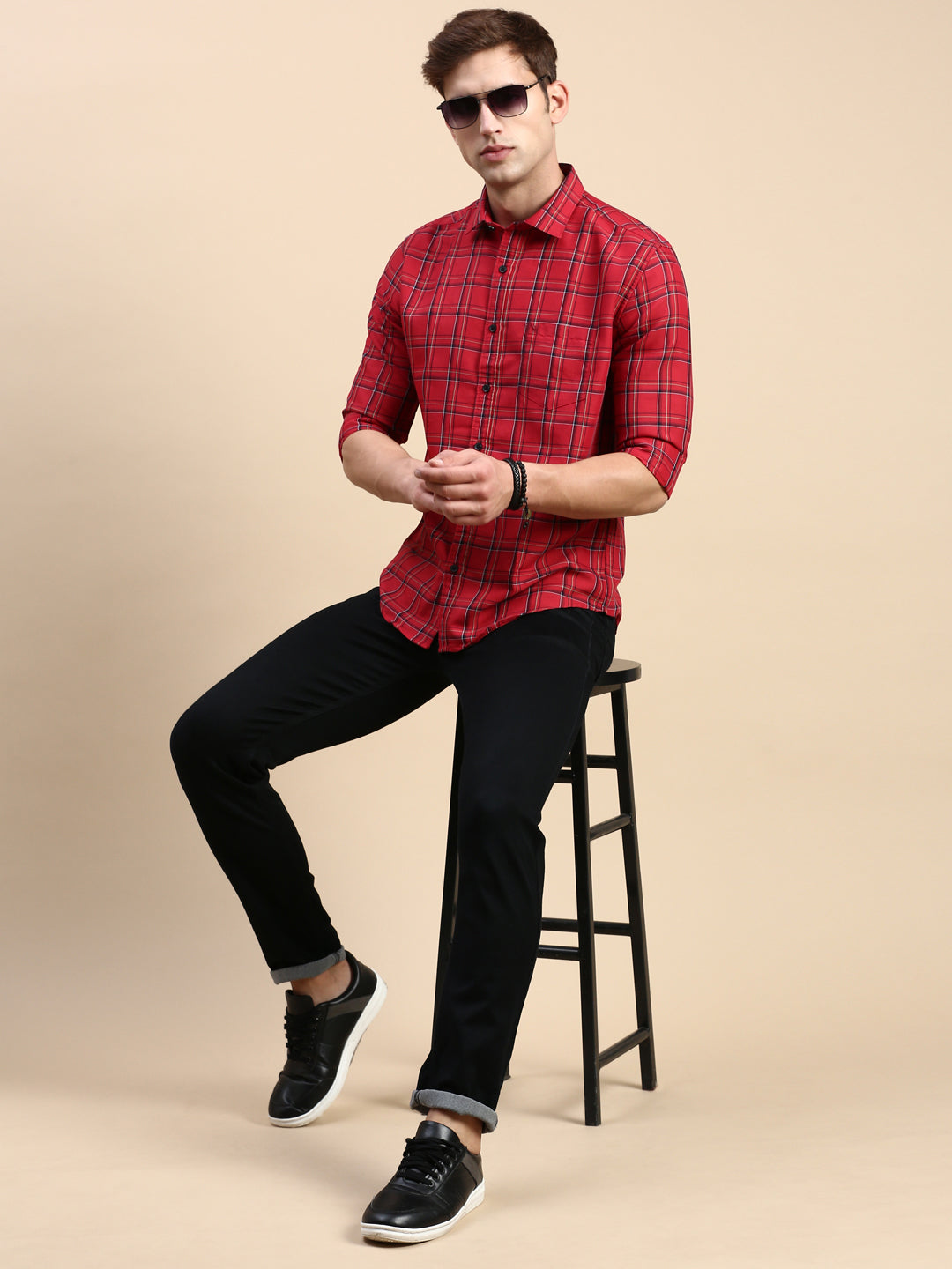 Men Maroon Checked Casual Shirt