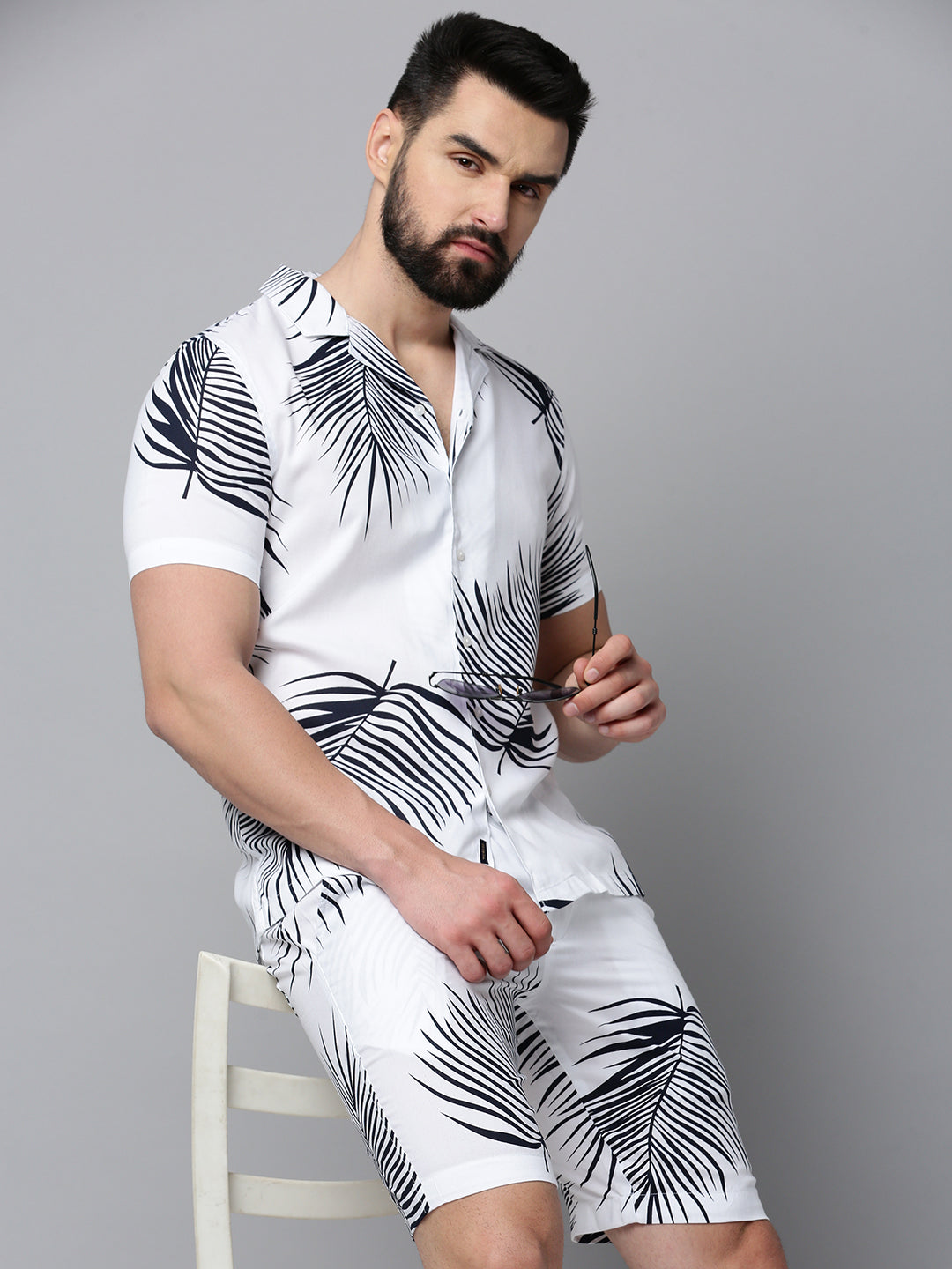 Men White Printed Casual Co-Ord Set