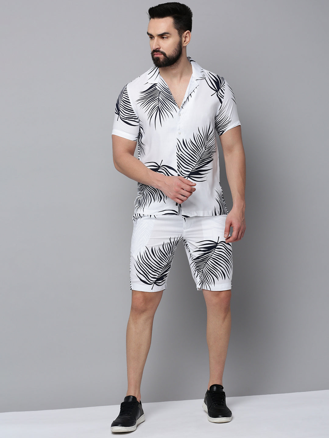 Men White Printed Casual Co-Ord Set