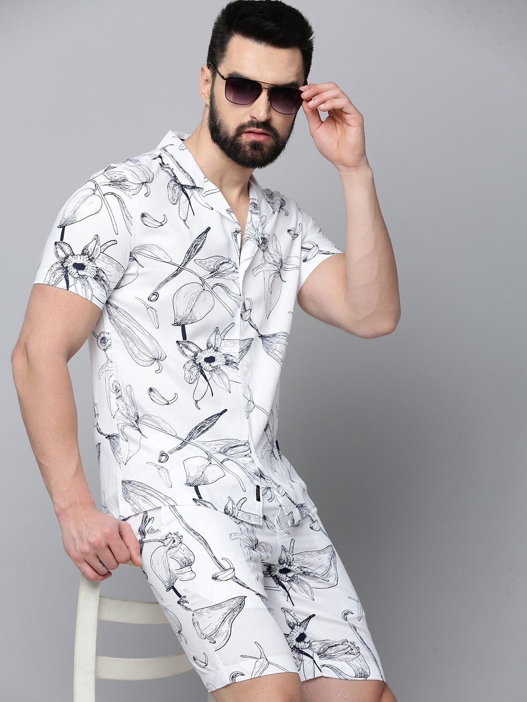 Men White Printed Casual Co-Ord Set