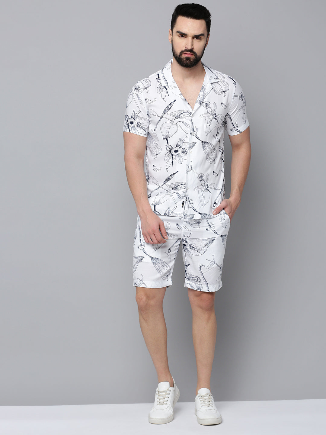 Men White Printed Casual Co-Ord Set