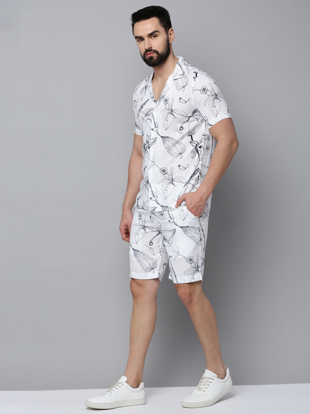 Men White Printed Casual Co-Ord Set