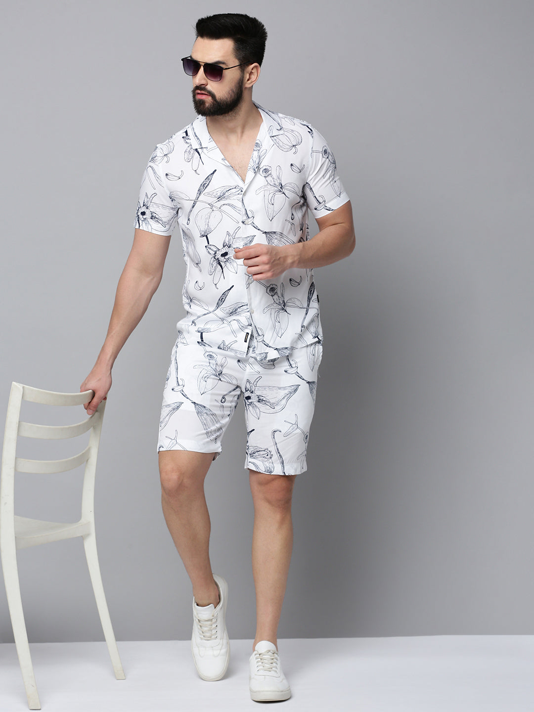 Men White Printed Casual Co-Ord Set