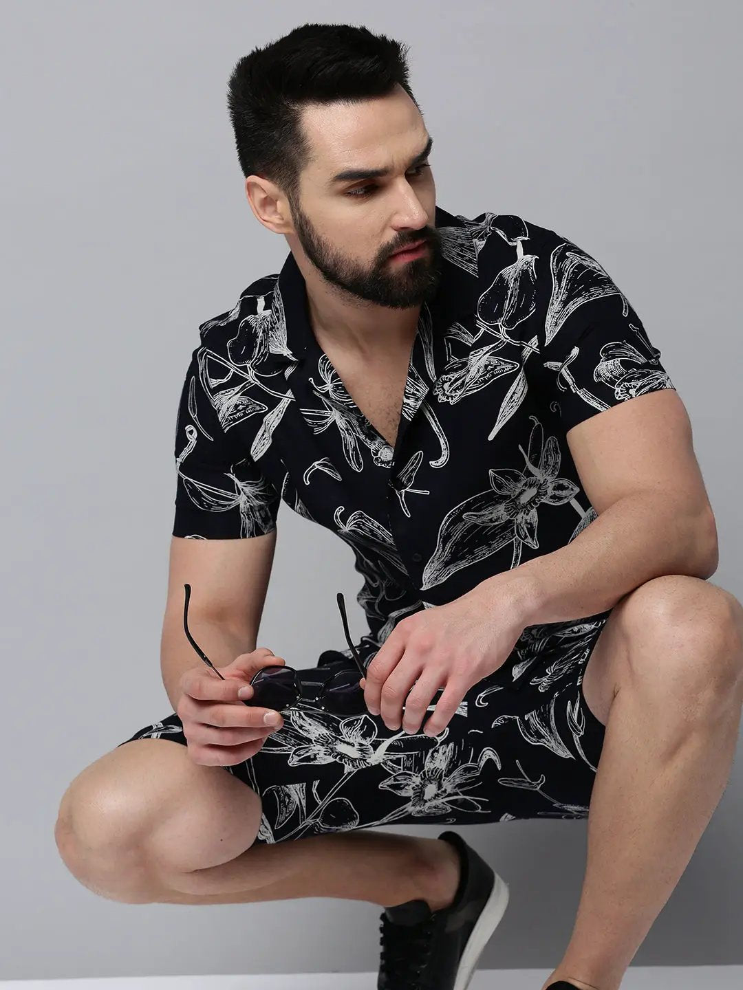 Men's Navy Printed Casual Co-Ords Set