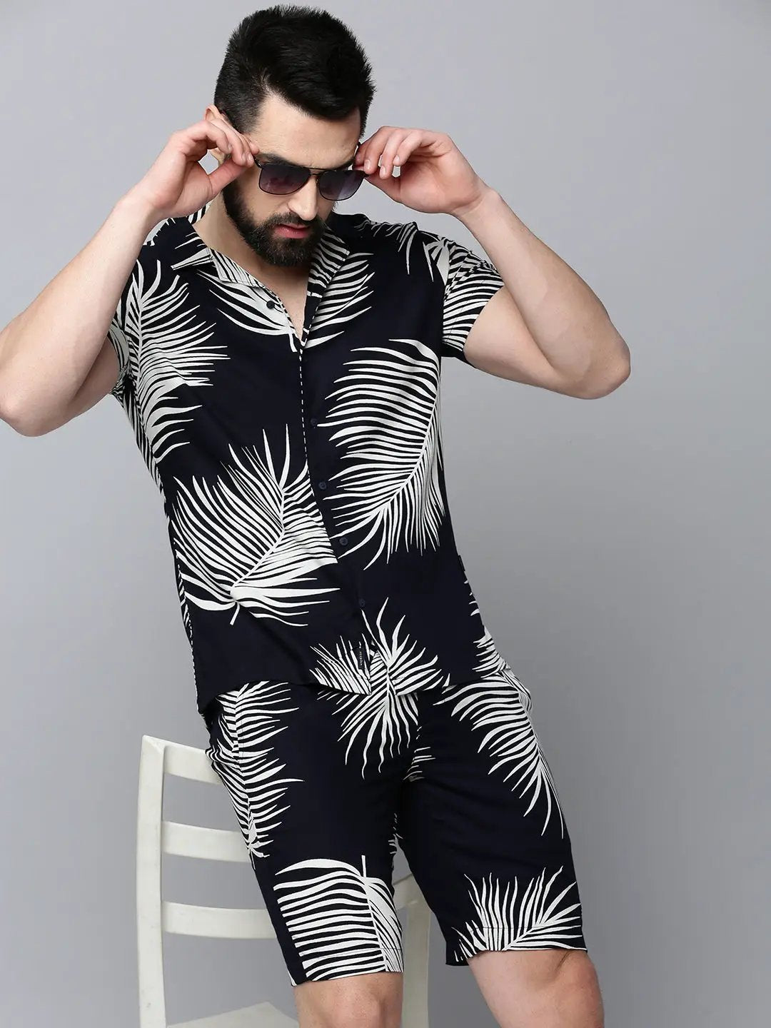 Men's Navy Printed Casual Co-Ords Set