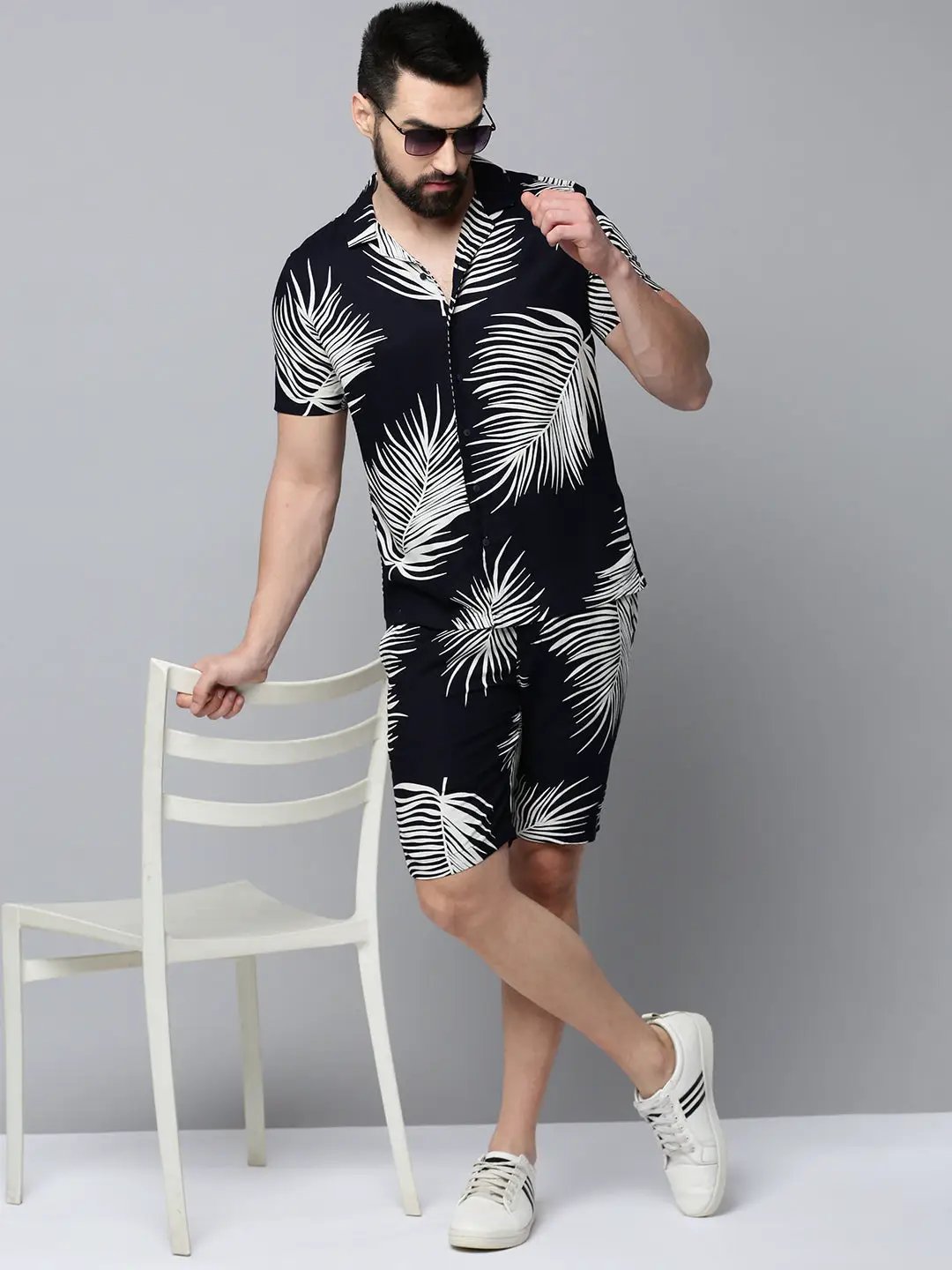 Men's Navy Printed Casual Co-Ords Set