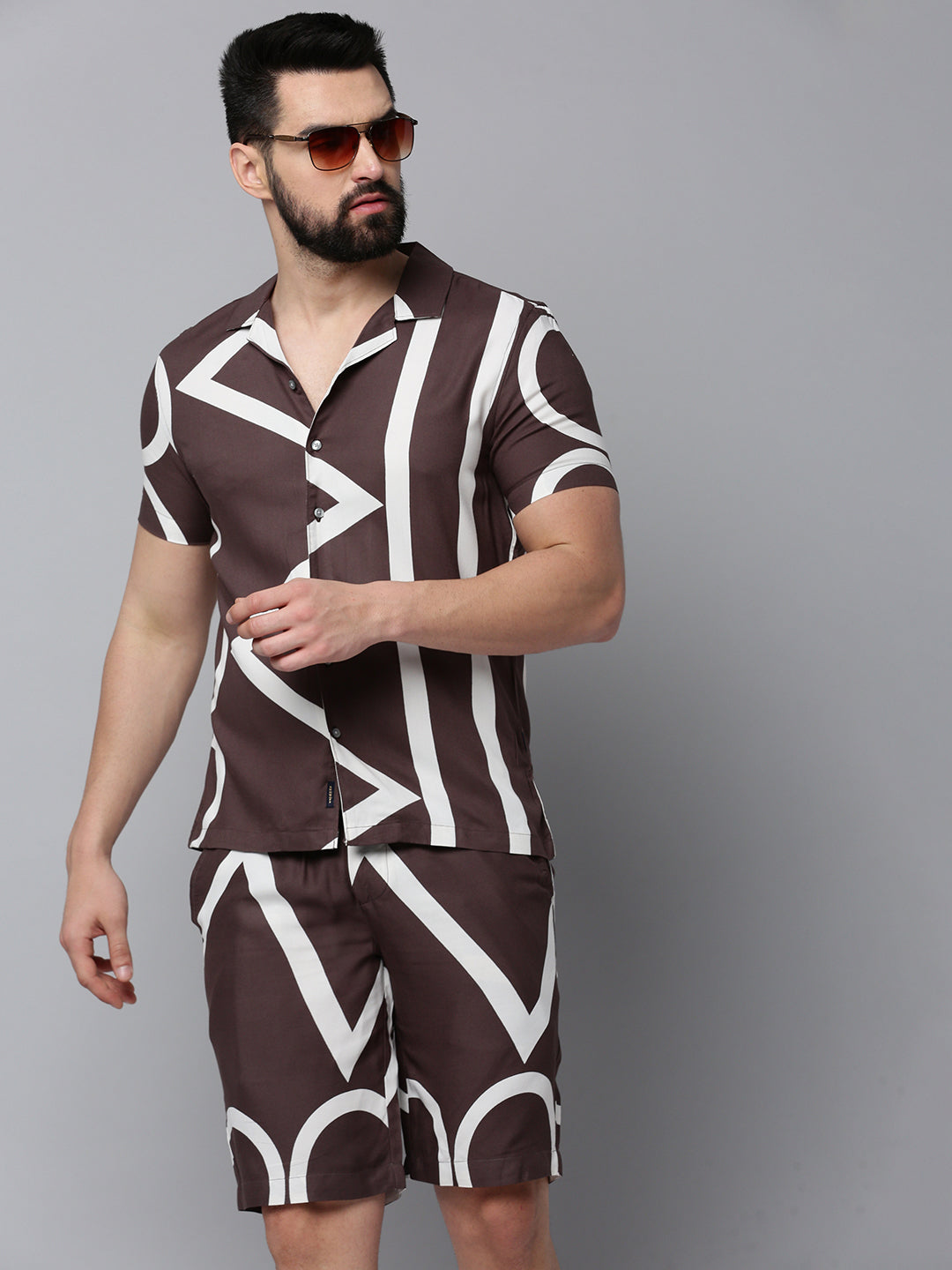 Men Brown Printed Casual Co-Ord Set