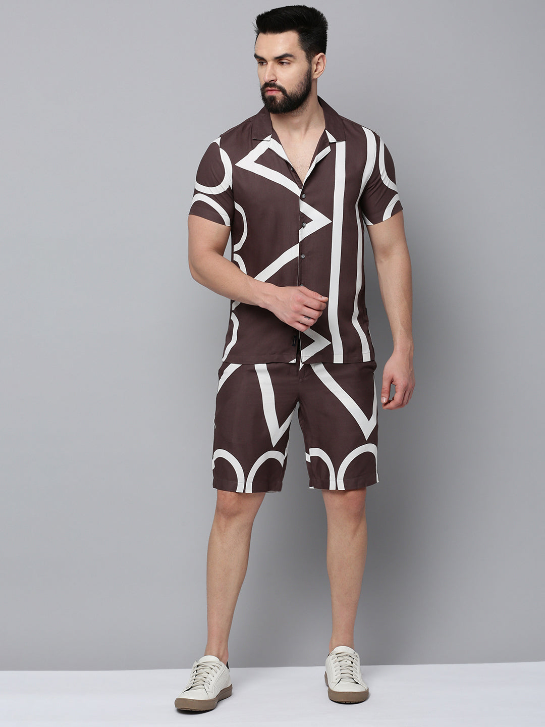 Men Brown Printed Casual Co-Ord Set